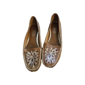 Talbots Women's 7B Leather Moccasin Flats Brown Sequin Embellished Slip-On...